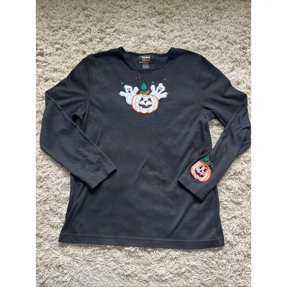 Designers Originals  STUDIO TREAT HALLOWEEN TOP GHOSTS PUMPKIN EMBROIDERED Size - Picture 1 of 9